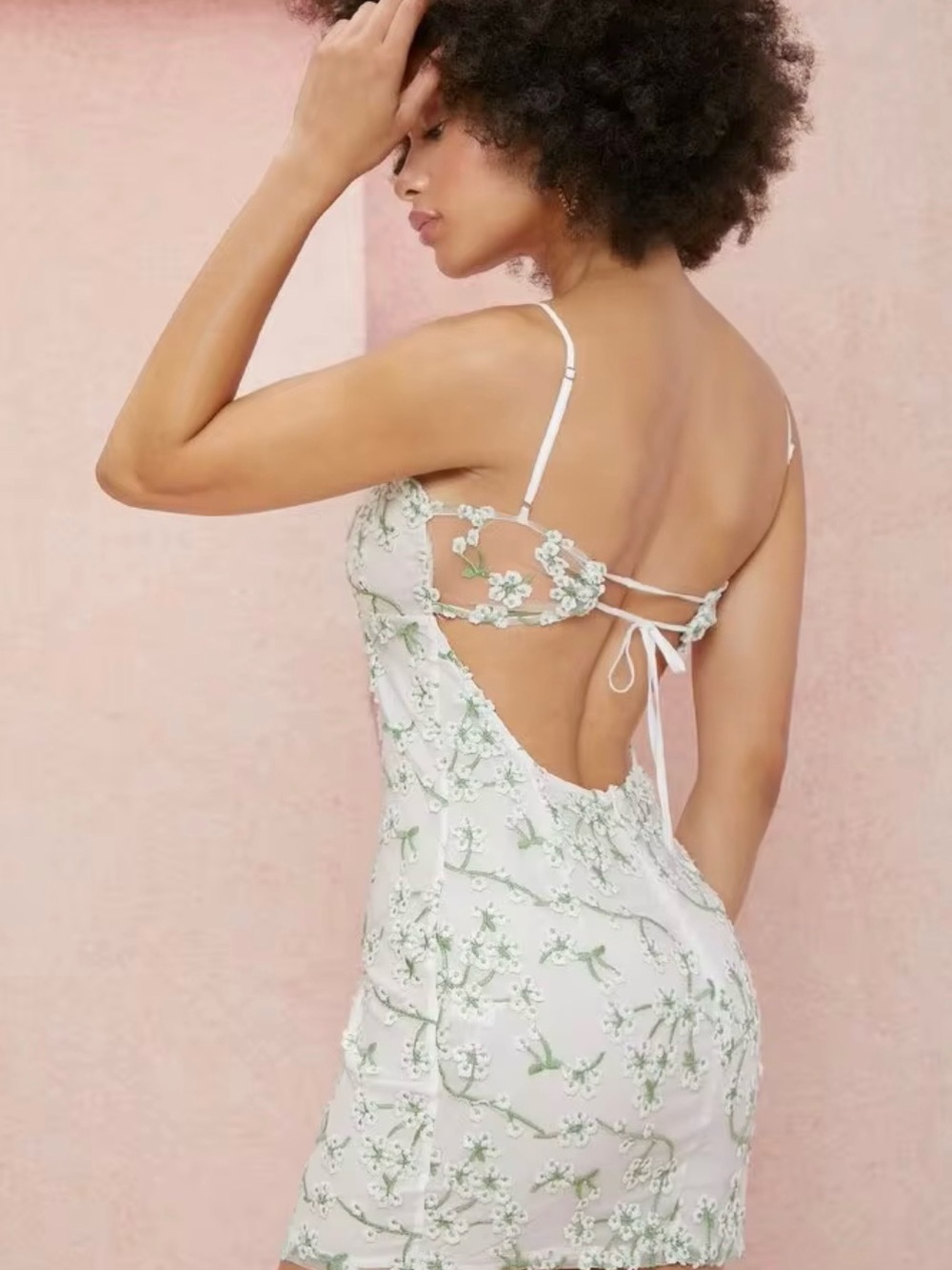 Bardot Floral Embroidered White & Sage Lace-Up Mini Dress Small